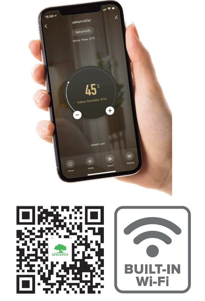 Käsi, joka käyttää MyCond Giant Smart -kuivauslaitteen ohjauspaneelia.