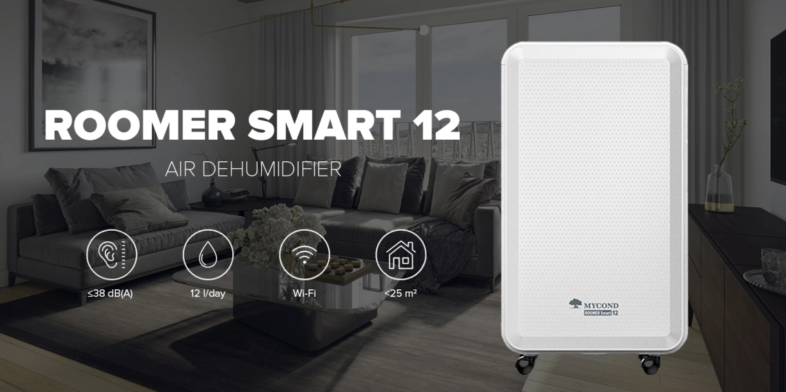 Kompakti MyCond Roomer Smart 12 -kuivauslaite, joka on suunniteltu sisäkäyttöön.
