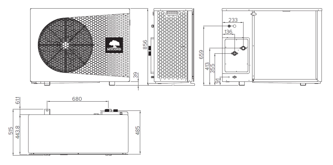 Kompaktin MyCond BeeThermic monoblock -lämpöpumpun mitat esittelevä kaavio.