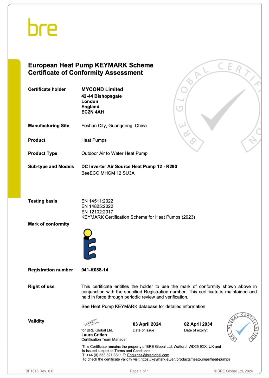 Mycond BeeEco -vaatimustenmukaisuustodistus KEYMARK