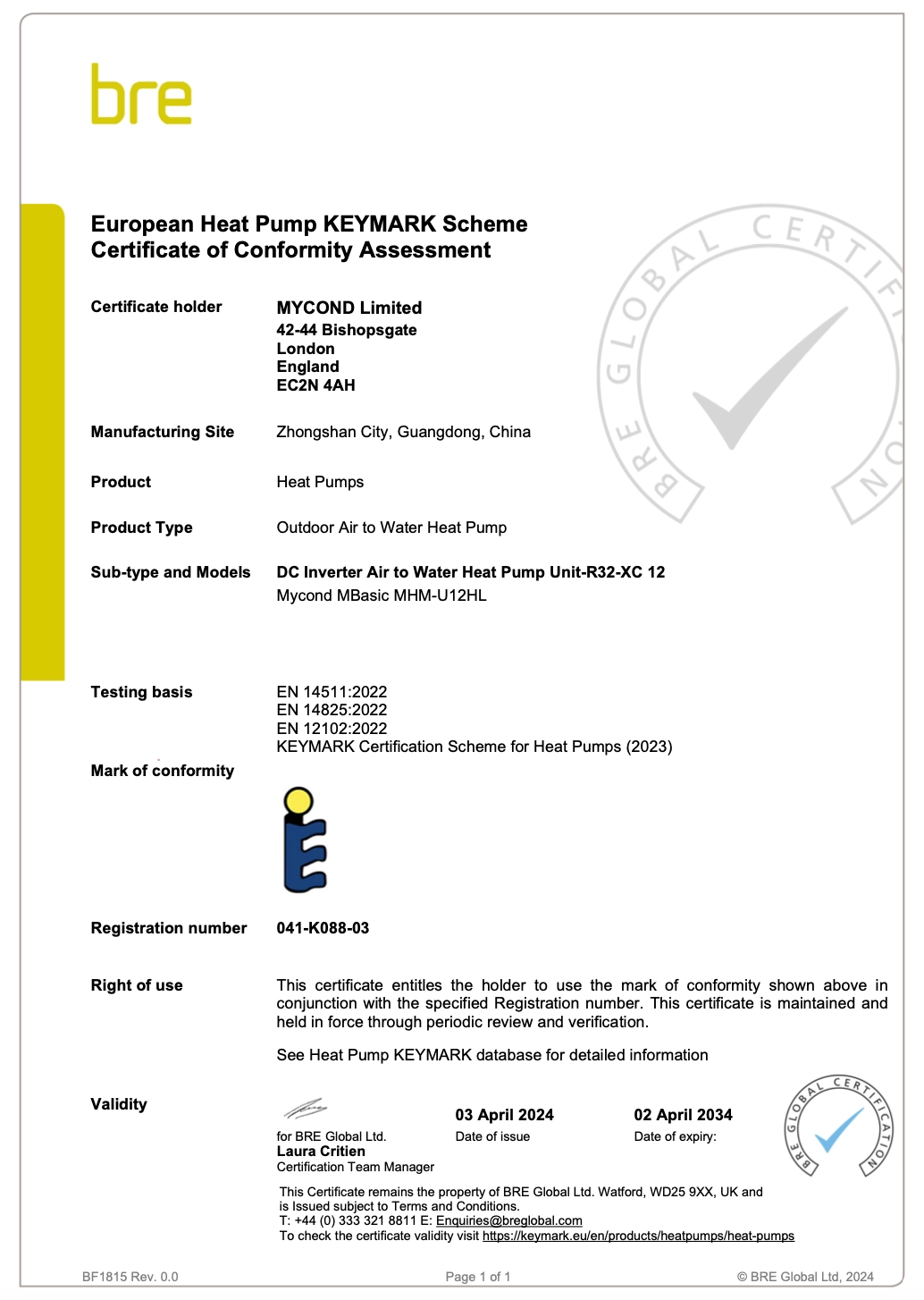MyCond MBasic -vaatimustenmukaisuustodistus KEYMARK