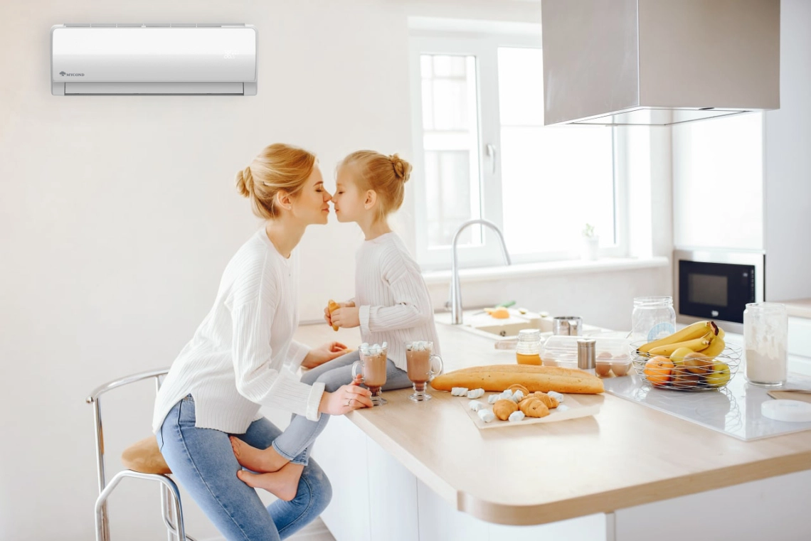 MyCond MHW Seinään asennettava puhallinkonvektorilaite, jossa on LED-näyttö ja lepotila.