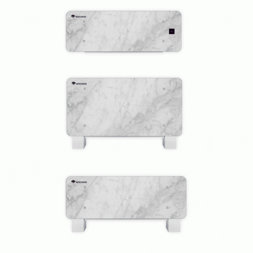 MyCond Silver Glass Wall Moderni seinään asennettava puhallinkonvektorilaite hopeanvärisellä lasimallilla.