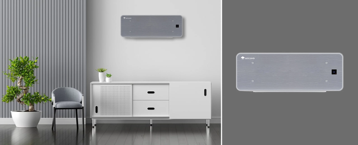 MyCond Silver Glass Wall Erittäin ohut puhallinkonvektorilaite, jossa on hopeinen lasirakenne ja intuitiiviset säätimet.