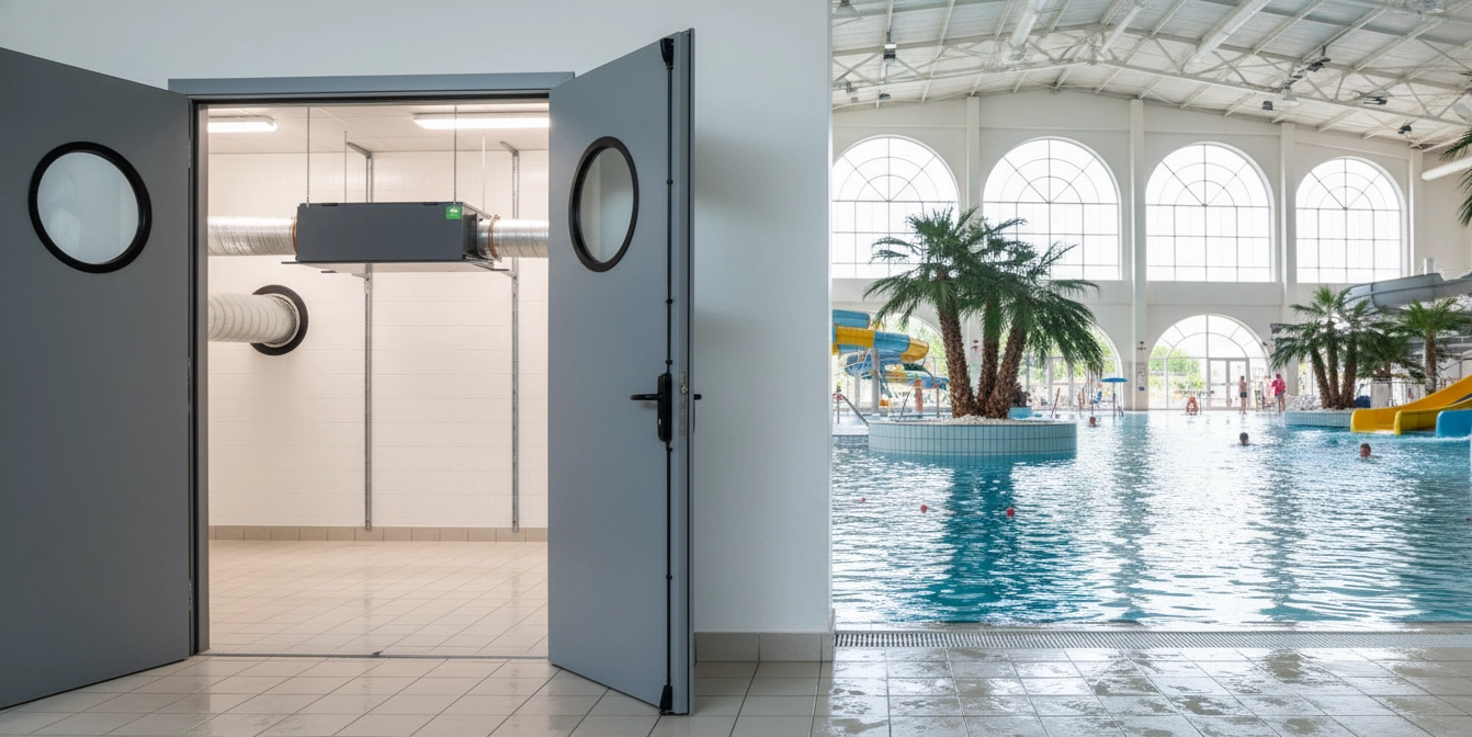 Kanavajärjestelmä uima-altaiden kosteudenpoistoon, laitteiden korroosiosuojaus Mycond MSHAC